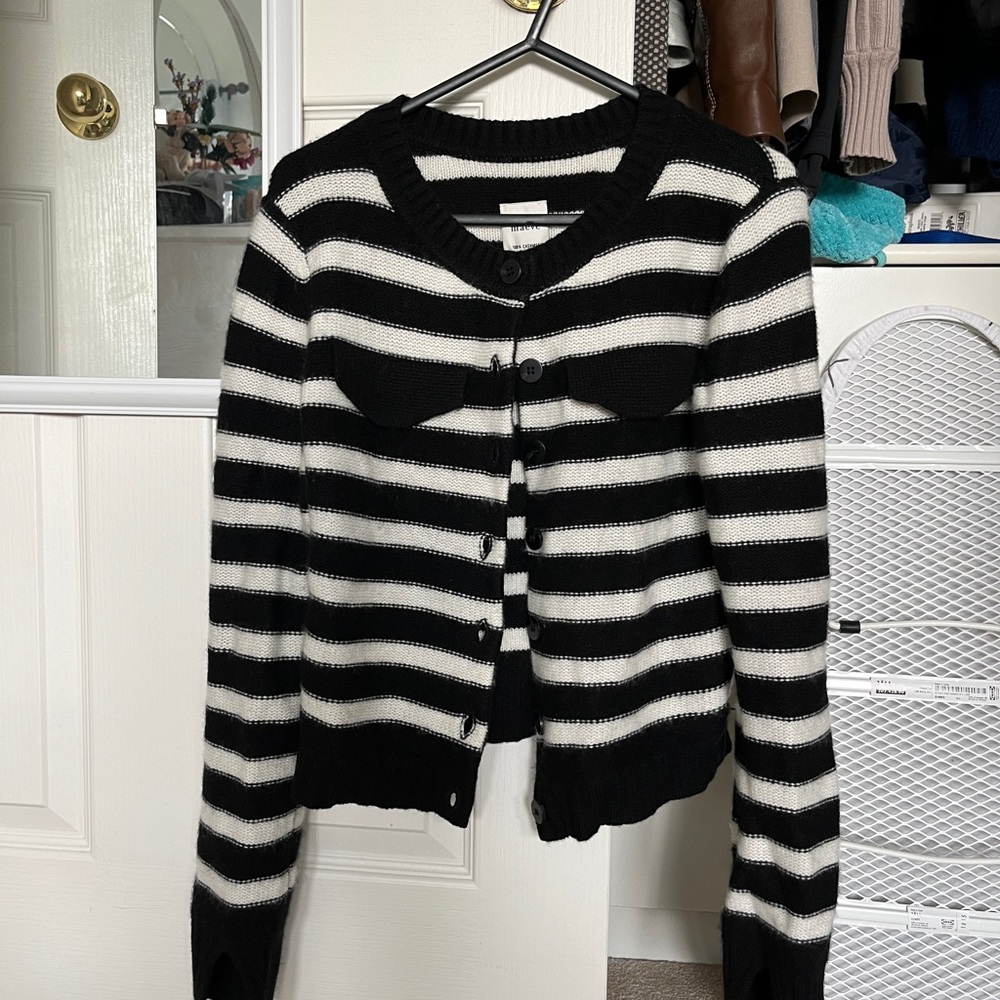 Maeve Black and White Striped Cashmere Cardigan